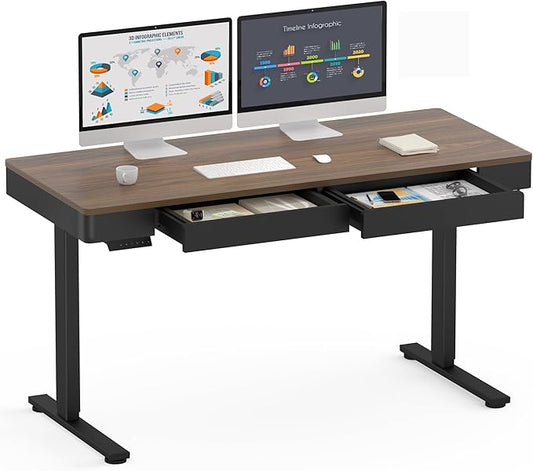 SANODESK Electric Standing Desk with 2 Drawers, 55 x 24 inch Height Adjustable Computer Desk, Home Office Stand Up Desk with 4 Preset Heights, Dark Walnut