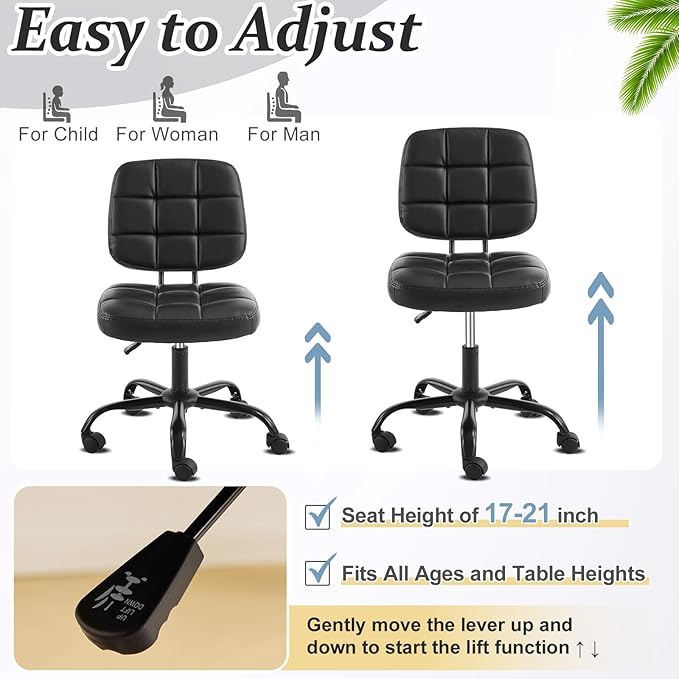 VINGLI Compact Small Desk Chair, Cute Armless Chair with Wheels, Vanity Chair with Low Back, Height Adjustable Task Chair for Small Spaces, Office, Bedroom, Make Up Room, PU Leather, Black