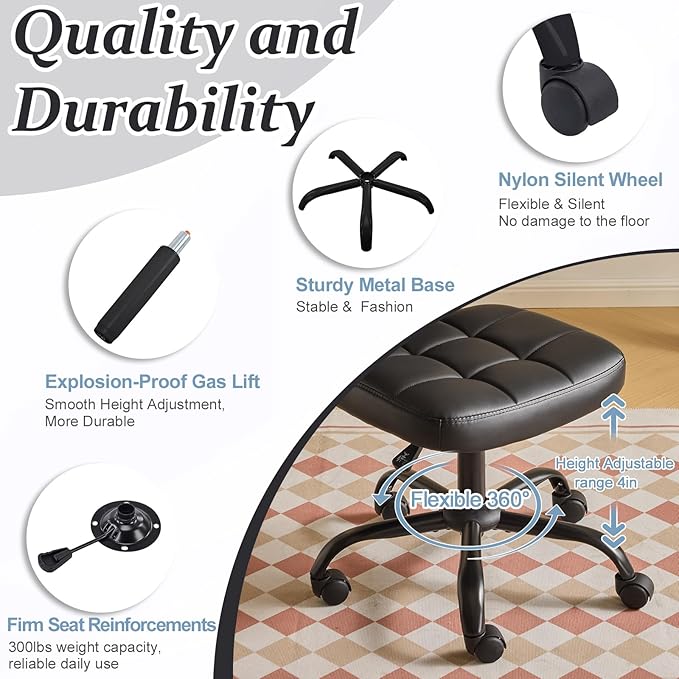 VINGLI Compact Small Desk Chair, Cute Armless Chair with Wheels, Vanity Chair with Low Back, Height Adjustable Task Chair for Small Spaces, Office, Bedroom, Make Up Room, PU Leather, Black