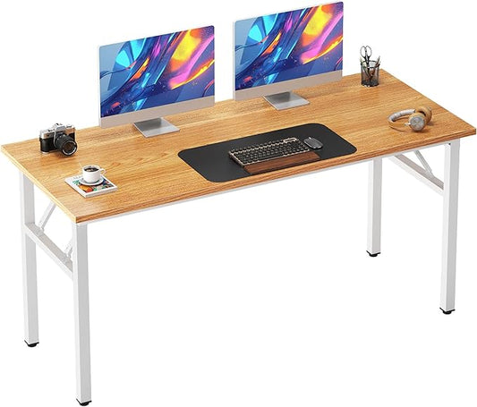 Need Folding Desk, 54 inch Large Computer Desk for Home Office, No Install Needed Study Student Writing Table Desk Workstation, Teak White