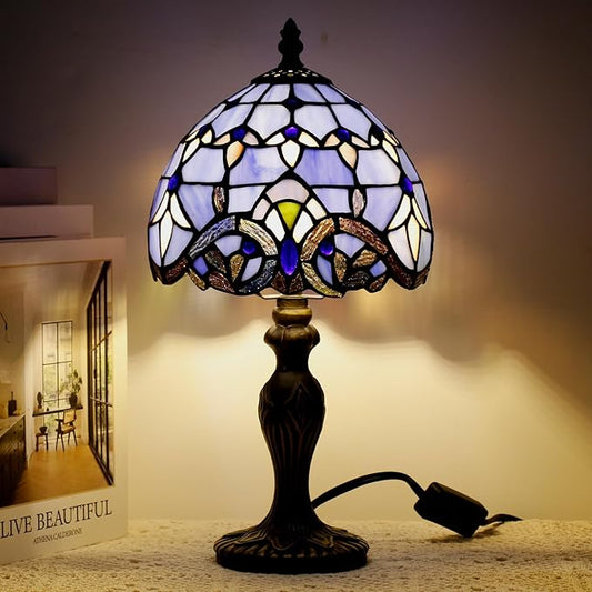 Small Tiffany Lamp Stained Glass Table Lamp Mini Desk Accent Light for Bedroom Bedside Reading Home Antique Style Decor 8X15 Inches (Blue Baroque)