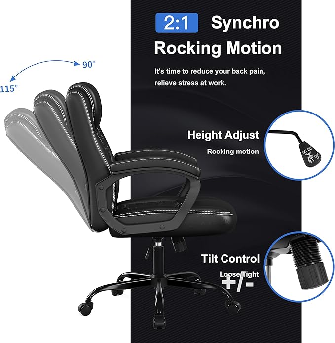 Misolant Office Chair, Executive Desk Chair, PU Leather Comfortable Executive Chairs with Fixed Armrest, Adjustable Height, Rocking Function, 360° Swivel Wheels, Black