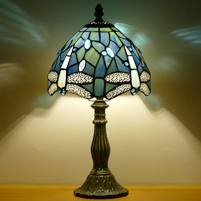 Small Tiffany Lamp Mini Stained Glass Table Lamp Bedside Accent Lamp Memory Sympathy 8X14.5 Inch (Sea Blue Dragonfly)