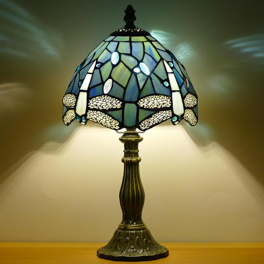 Small Tiffany Lamp Mini Stained Glass Table Lamp Bedside Accent Lamp Memory Sympathy 8X14.5 Inch (Sea Blue Dragonfly)