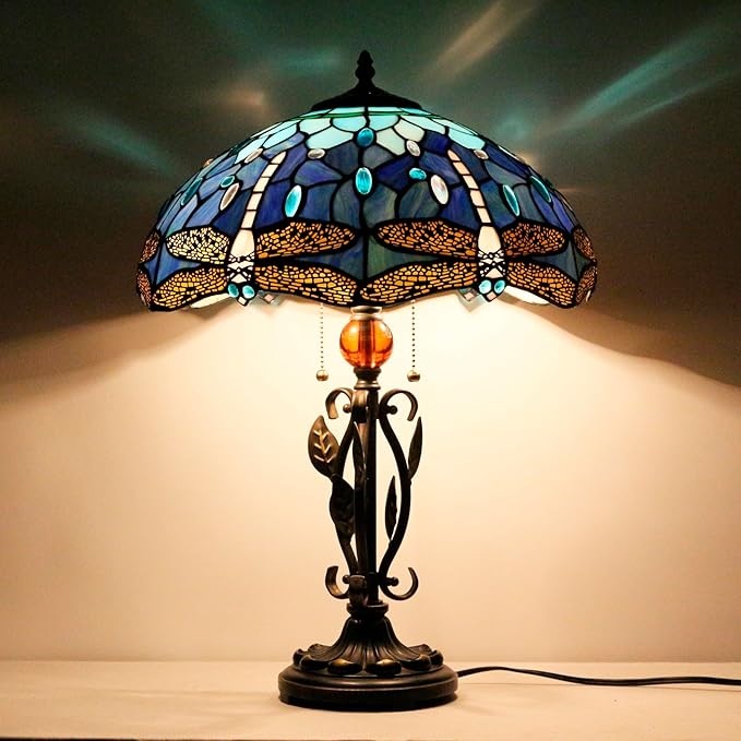 Tiffany Table Lamp Blue Dragonfly Stained Glass Desk Reading Light 16X16X24 Inch Metal Leaf Base for Bedroom Living Room Home Office