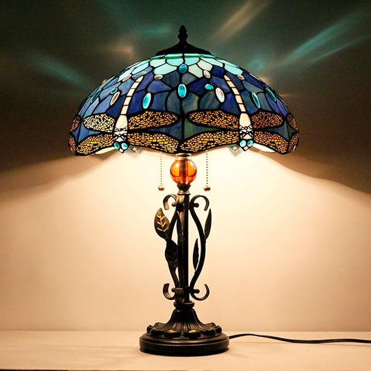 Tiffany Table Lamp Blue Dragonfly Stained Glass Desk Reading Light 16X16X24 Inch Metal Leaf Base for Bedroom Living Room Home Office