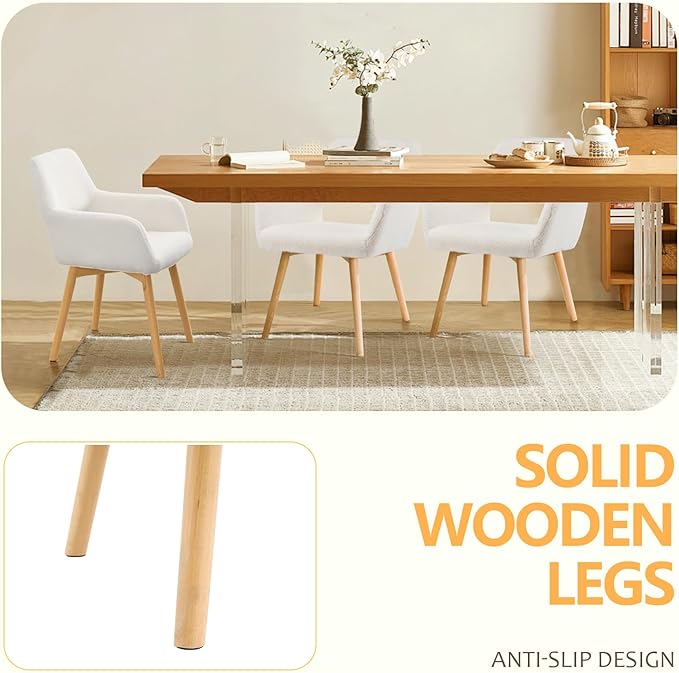 Mid Century Modern Dining Chairs Set of 6 & 4 & 2 Comfy Accent Chair Upholstered Kitchen Dining Living Room Chairs for Bedrooms Waiting Room Home Arm Desk Chair No Wheels (Wool White, 6)