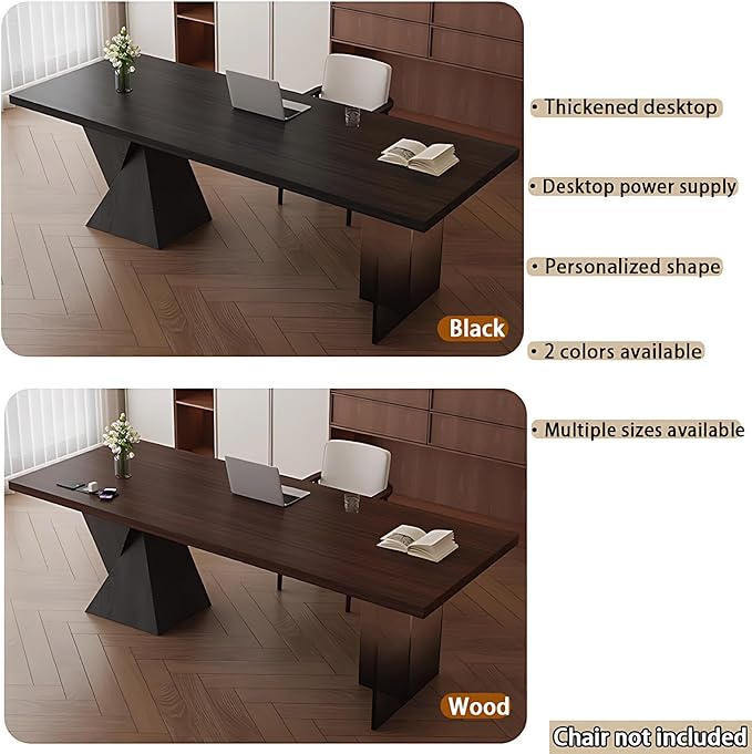 Modern Home Office Desk - Novel Design Office Table with Multifunctional Socket, Solid Wood Executive Desk with Spacious Desktop ＆ Personalized Table Legs (Black, 80IN)