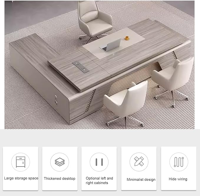 102IN L-Shaped Executive Desk with Drawers, Executive Desk with Open Storage Grid & LED Light Strip & Exquisite Pull Handle & Invisible Multimedia Wire Box & Front Baffle Design