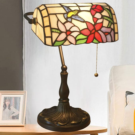Tiffany Style Stained Glass Bankers Desk Lamp, Rose Flower Pattern, Multicolor, Alloy Base, 10.62" W x 15.35" H