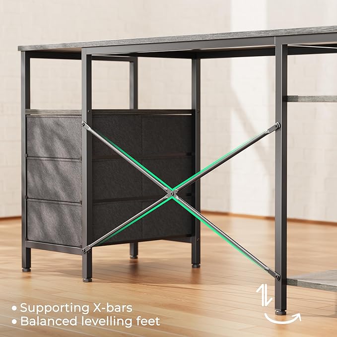 Huuger L Shaped Office Desk with Power Outlets, 55 Inch Computer Desk with 3 Drawers, Shelves, Reverisble for Gaming Corner Work Home Office Study, Grey