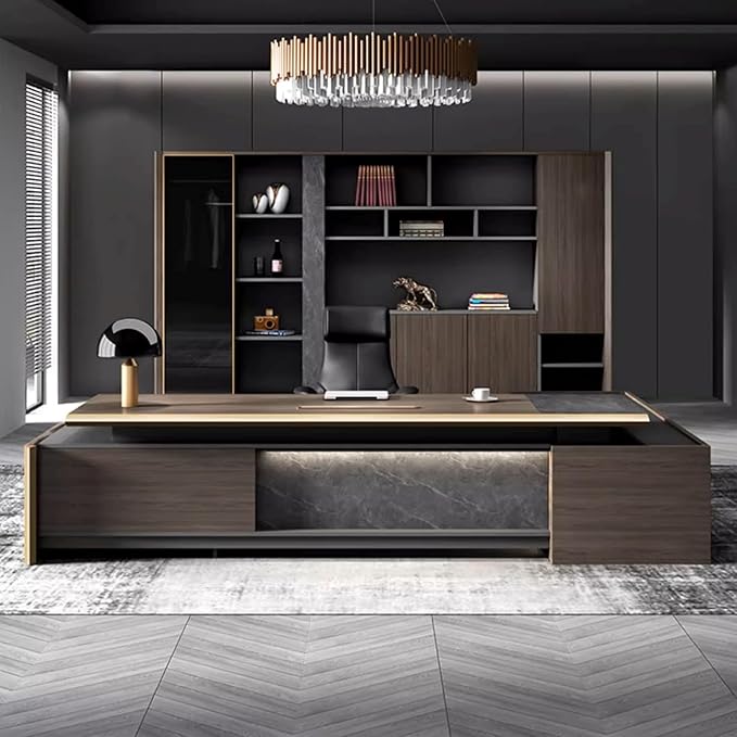 102IN Modern Executive Desk - L-Shaped Executive Desk with Light Strip Design & Multifunctional Locker & Convenient Wire Routing Box & Keyless Combination Lock