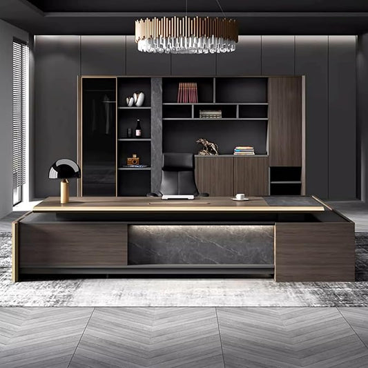 102IN Modern Executive Desk - L-Shaped Executive Desk with Light Strip Design & Multifunctional Locker & Convenient Wire Routing Box & Keyless Combination Lock