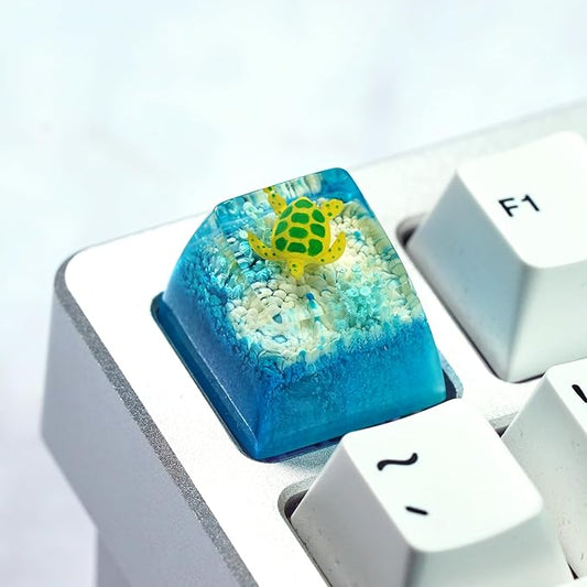 Sea Turtle Artisan Keycap Light Blue and White Coral R1 SA Profile Custom Sea Creatures Keycaps 1U ESC Handmade Gaming Resin Key Cap Cherry MX Switch Compatible Mechanical Keyboard Turtle Lover Gift