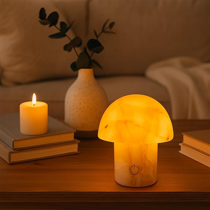 Marble Touch Table Lamp 4.3" x 4.7" – Natural Onyx Mushroom LED Night Light, Rechargeable Soft Glow Stone Bedside Lamp for Meditation, Yoga, Bedroom, Entryway Decor