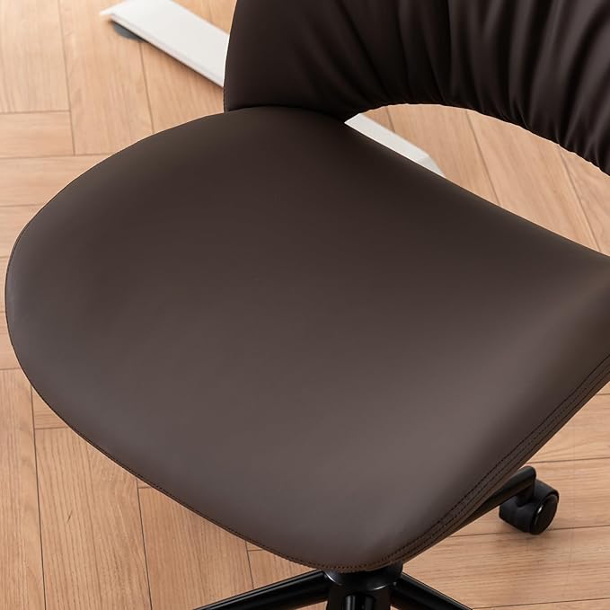Rowill Armless Office Desk Chair, Ergonomic PU Leather Modern Task Chair with Back Adjustable Height, 360° Swivel Vanity Chairs with Wheels for Small Space, Home Office, Bedroom, Brown