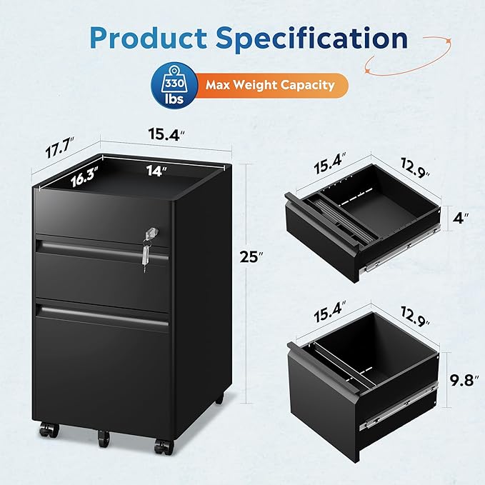 DEVAISE 2 Drawer File Cabinet with Fence, Metal Mobile Filing Cabinet Under Desk, Home Office Furniture fits Legal/A4/Letter Size, 17.7" D x 15.4" W x 25" H, Black