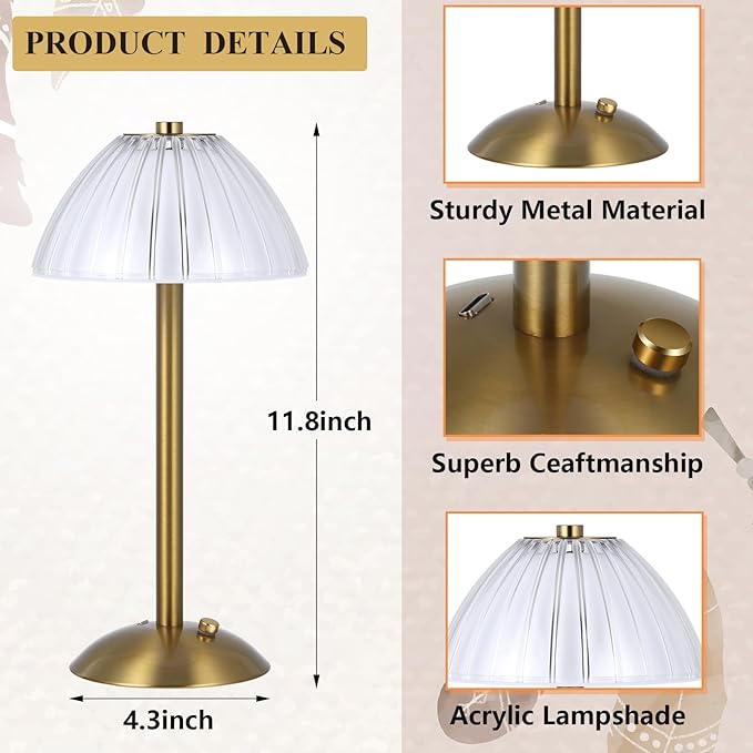 Liliful 6 Pcs LED Portable Cordless Table Lamp Touch Battery Operated Rechargeable Gold Desk Lamp 3 Color Dimmable for Bedroom Living Room Dining (Gold,Mushroom Style)