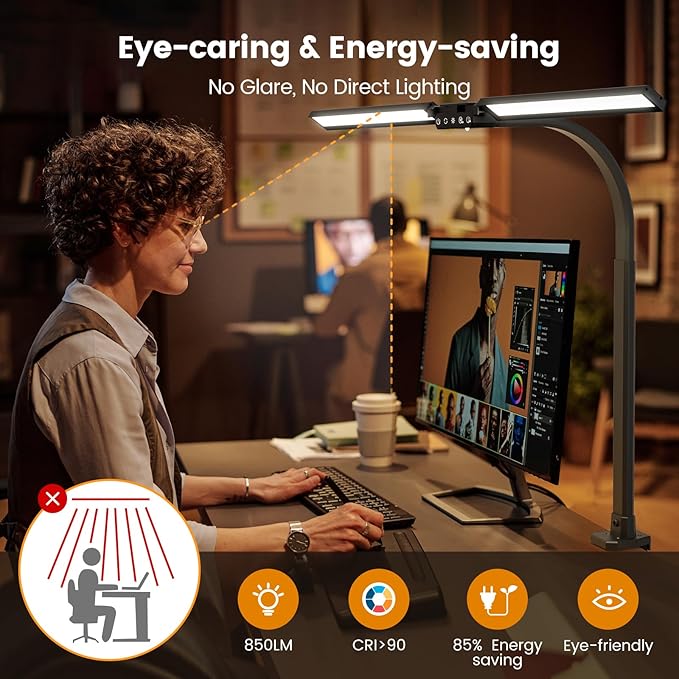 Upgraded LED Desk Lamp for Home Office with RGB, Rotatable Computer Desk Light with Remote, Eye Caring Table Lamp with Clamp for Study, Dimmable Dual Head Desk Lighting for Monitor PC, 22W