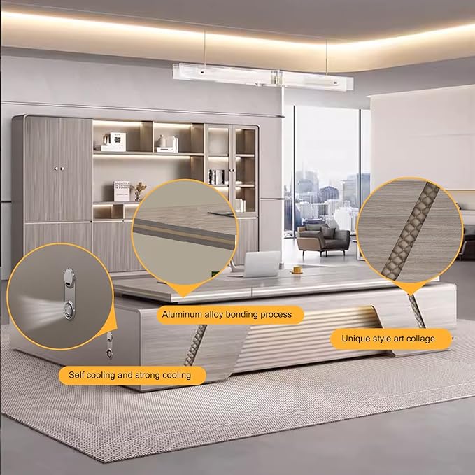 102IN L-Shaped Executive Desk with Drawers, Executive Desk with Open Storage Grid & LED Light Strip & Exquisite Pull Handle & Invisible Multimedia Wire Box & Front Baffle Design