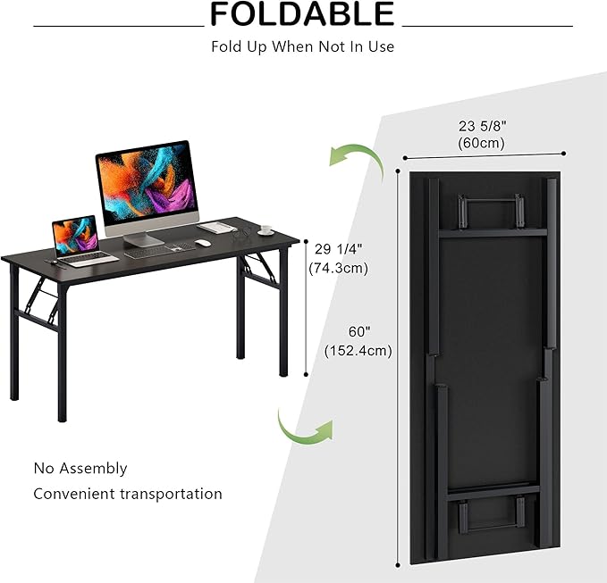 Need Home Office Desk - 60 Inches Large Computer Desk Sturdy Black Table Foldable Desk Gaming Computer Table No Assembly Required AC5CB 60 inch