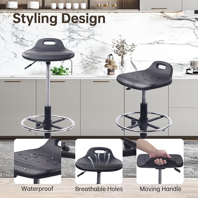 Adjustable Height Drafting Rolling Stool with Foot Rest Breathable Seat Cushion Swivel Chair, Multi-Purpose Work Stools for Nail Salon Office Bar Lab Counter Barber Kitchen Shop Black, 2PK