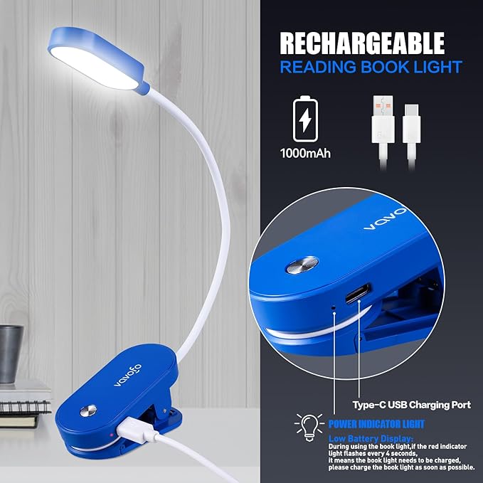 VAVOFO Rechargeable Book Light, 14 LEDs Eye Care Clip On Amber Reading Light for Bookworms Reading in Bed with 9 Colors 9 Brightness (Blue)