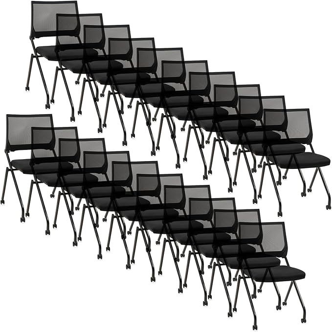 CLATINA Stackable & Foldable Waiting Room Chairs, Conference Room Chairs with Wheels & Lumbar Support, Ergonomic Mesh Bouncing Back Folding Chair for Office Meeting Schools Training, Black, 10PK