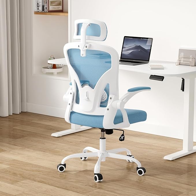 Farini Ergonomic Office Chair, Home Office Desk Chair with Headrest, High Back Computer Chair with Armrests and Adjustable Lumbar Support for Home Office Study Room, White & Blue