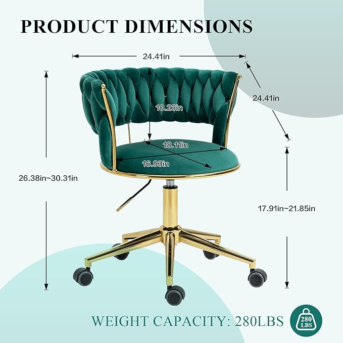 Home Office Chair with Hand Woven, Velvet Upholstered Desk Chair with Open Back, 360° Swivel & Height Adjustable Task Chair, Ergonomic Office Chair with Gold Base (Emerald)