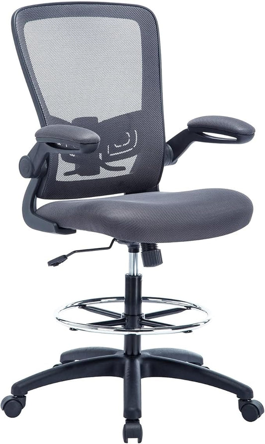 Serena Ergonomic Mesh Drafting Chair - Adjustable, Breathable Mesh, Lumbar Support, Ergonomic and Height Adjustable Flip-Top Office Chair with Foot Ring and Productivity - Gray