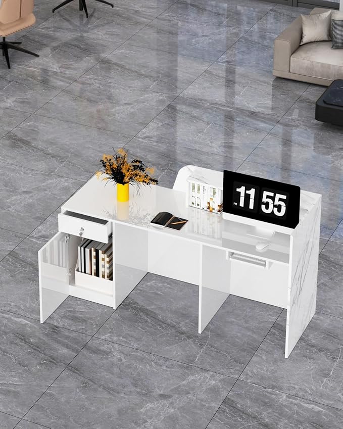 White Reception Desk, Solid Wood Reception Desk with Counter, Check Out Stand with Lockable Drawer & Cabinet, Retail Checkout Counter for Office, Store, Beauty Salon (White Grille-R, 71in)