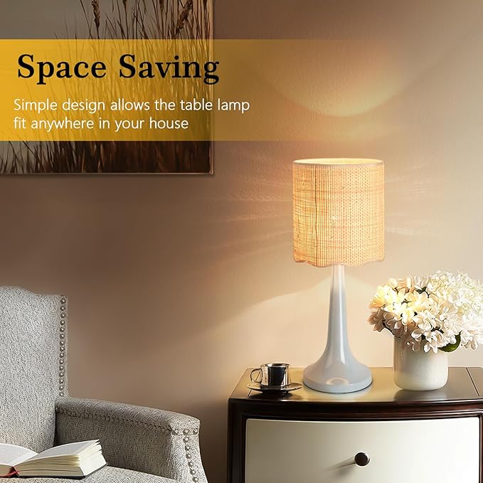 Light Blue Rattan Small Table Lamp for Bedroom, Light Blue Wicker Lamps for Bedside Nightstand, Rattan Shade Small Table Shape Lamps for Small Spaces for Kitchen Counter, Home Office, Living Room