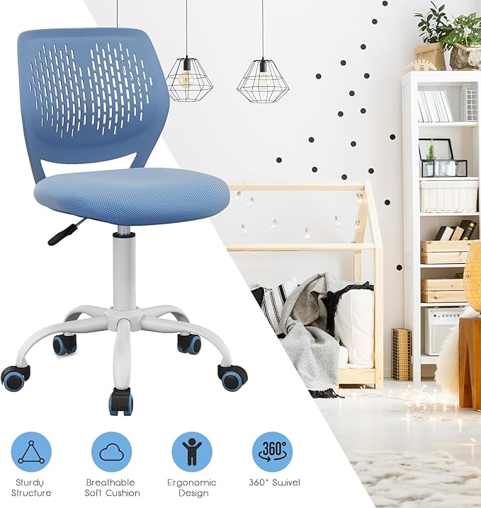 POWERSTONE Small Desk Chair with Wheels Home Office Chair Mid Back Armless Computer Task Chair Adjustable Swivel Rolling Chair for Small Space Blue