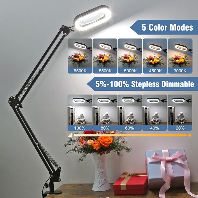 10X Rectangle Magnifying Glass with Light and Clamp, 2*16 Inch Large Swivel Arm LED Desk Lamp, 5 Color Modes Brightness Steepless Dimming, Hands Free Lighted Magnifier Stand for Craft Reading Painting