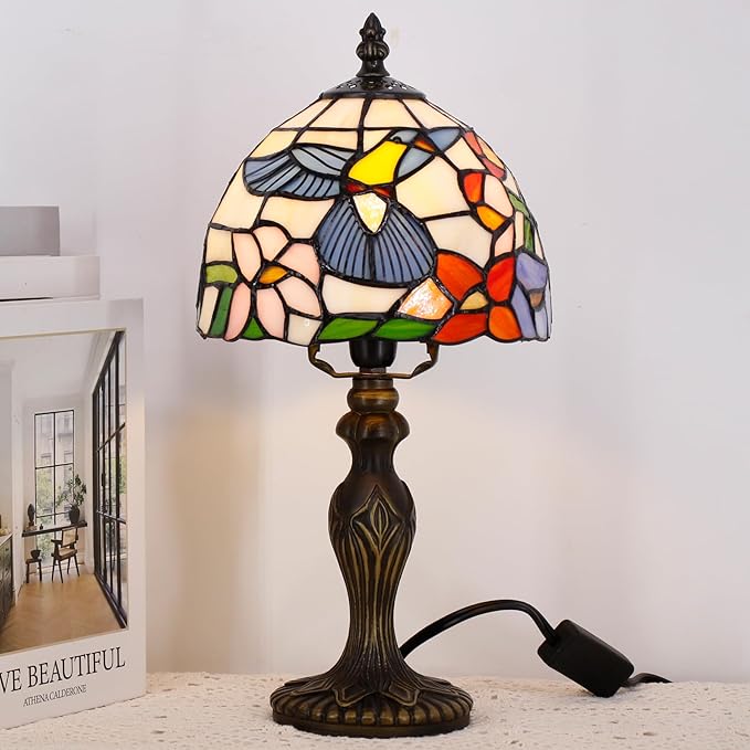 Small Tiffany Lamp Stained Glass Table Lamp Mini Desk Accent Light for Bedroom Bedside Reading Home Antique Style Decor 8X15 Inches (Hummingbird)