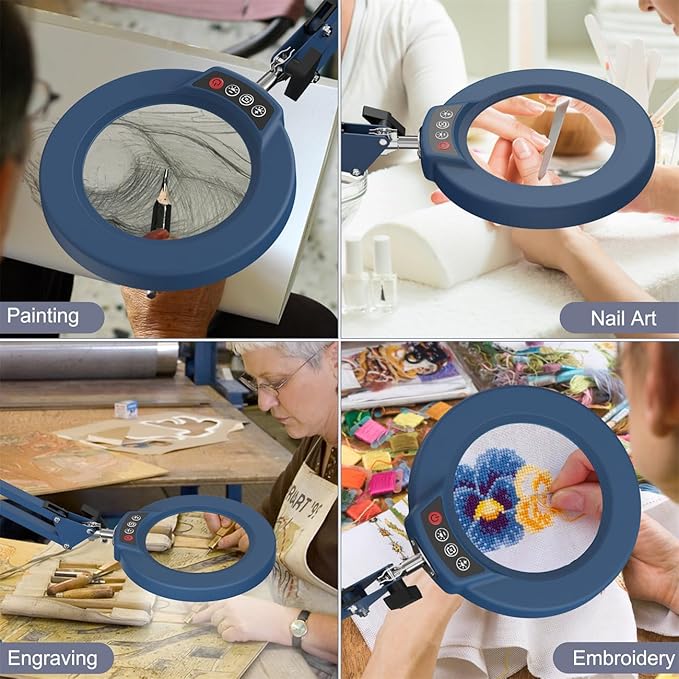 10X Magnifying Glass with Light and Stand, Upgrade Button 5 Color Modes Stepless Dimmable, 2-in-1 LED Lighted Magnifier Light, Hands Free Desk Lamp with Clamp for Craft Hobby Close Work - Blue
