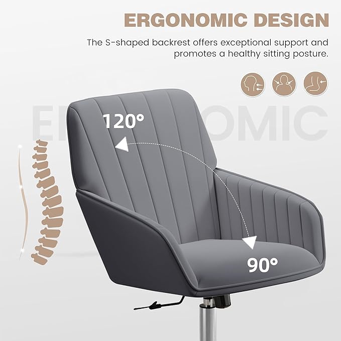 YISHENG Velvet Office Desk Chair with Silver Base, with Wheels,Modern Height Adjustable 360 Degree Swivel Upholstered Vanity Chairs with Arms for Living Room Bedroom,Gray