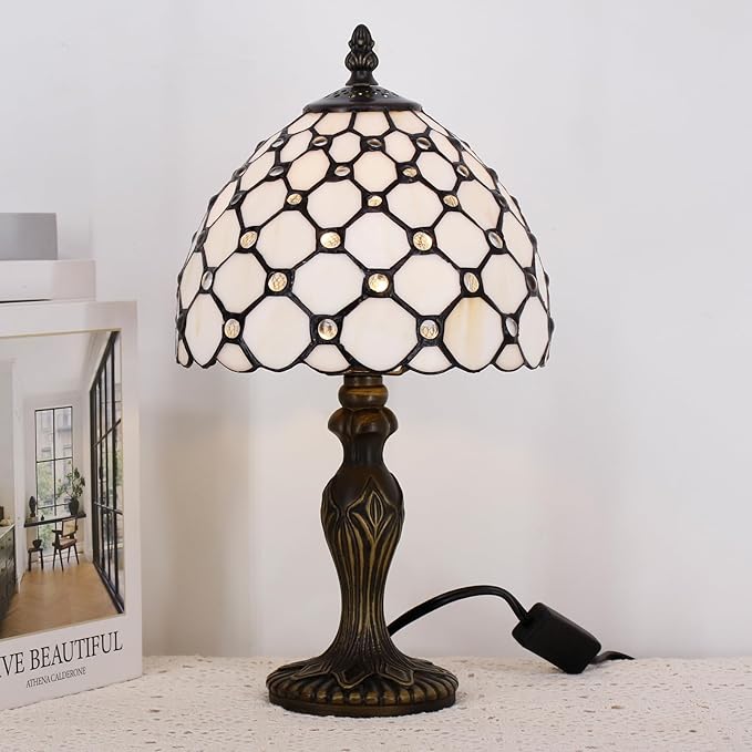 Small Tiffany Lamp Stained Glass Table Lamp Mini Desk Accent Light for Bedroom Bedside Reading Home Antique Style Decor 8X15 Inches (White Yellow)