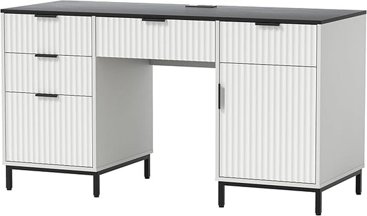 Modern Fluted Executive Desk with File Drawer, 55" Large Computer Desk with Storage and Charging Station, Wooden Home Office Desk for Workspace, Writing, Study, Black/White