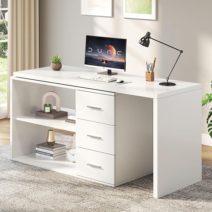 HSH White L Shaped Desk with Drawers Shelves, 360 Rotating L Shape Computer Desk with Storage Cabinet, Corner Home Office Desk Computer Table，55 Inch
