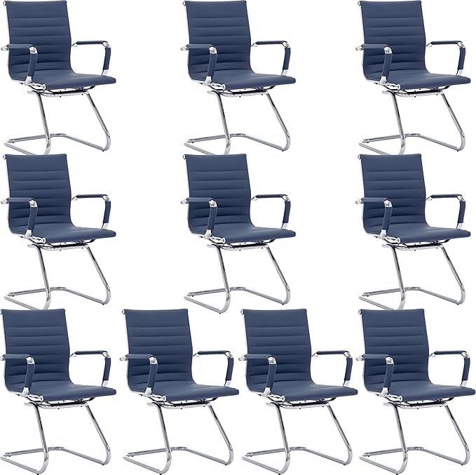 Wahson Office Guest Chairs Set of 10, Leather Reception Chairs, Mid Back Waiting Room Chair, Conference Chairs with Sled Base, Desk Chair No Wheels for Meeting/Lobby/Restroom, Navy Blue