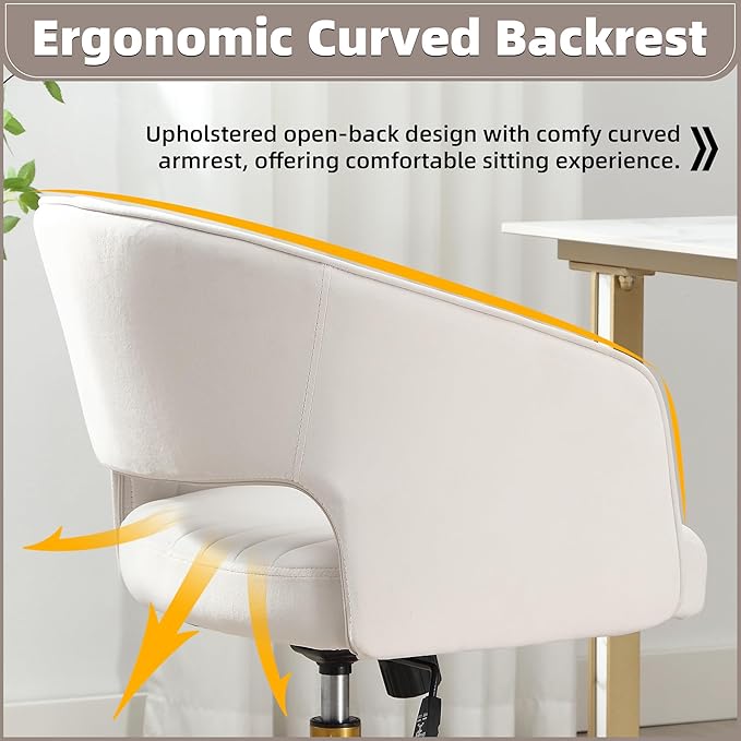 ABET Desk Chair with Wheels, Velvet Home Office Chair, Swivel Armchair Gold Base, Upholstered Modern Accent Chairs, Back Incline Adjustable for Living Room Bedroom Vanity, Off-White Cream