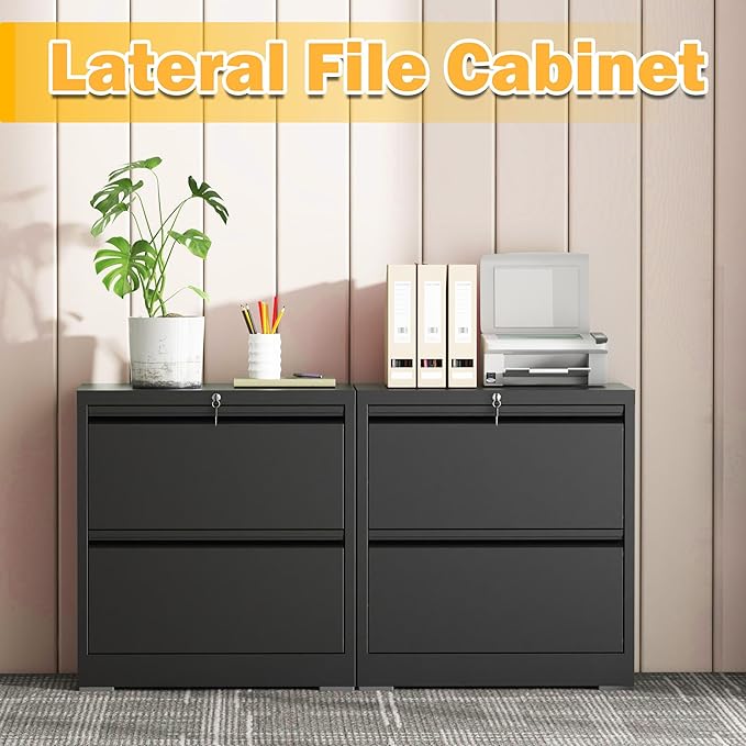 2 Drawer Lateral File Cabinet with Lock, File Cabinet, Metal Lateral Filing Cabinets for Home Office, File Storage Cabinet for Legal/Letter/A4 Documents, Assembly Required (Black, 26'W)