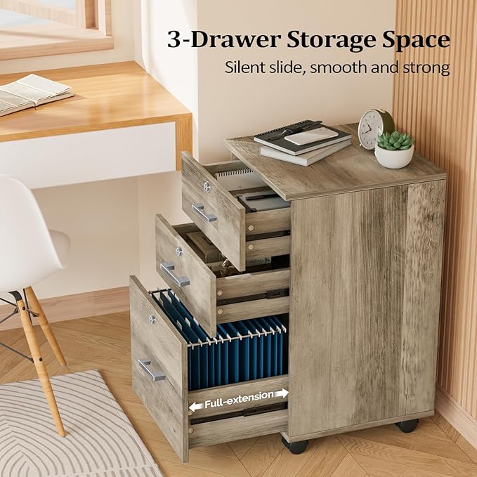 VINGLI 3-Drawer File Cabinet with Lock, Wood Rolling Under Desk File Cabinets for Home Office, Mobile Printer Stand & Filing Organizer for Letter Sized Files, 26" H(Caster Included), Rustic Gray