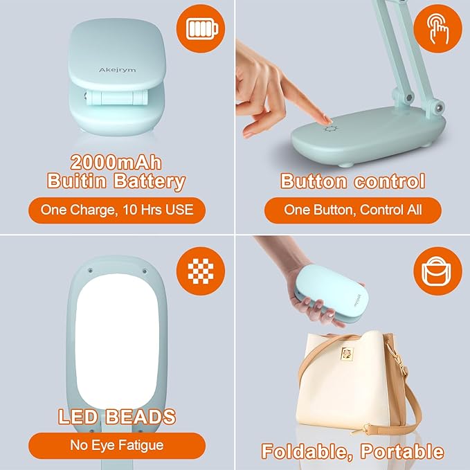 LED Desk Lamp for Office Home & Battery Operated Lamp Rechargeable Lamp Foldable & Portable Light, [2-Fold Bracket] 3 Brightness Dimmable Small Desk Lamp Wireless Reading Lamp (Green)