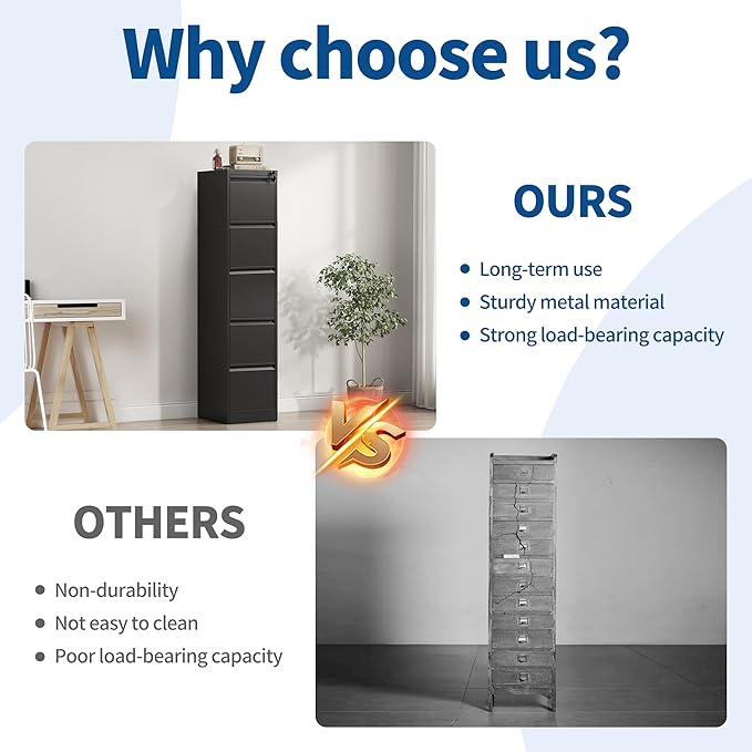 5-Drawer Locking Vertical File Cabinet, Metal Storage Cabinet for Office/Home – Secure Vertical Filing for Letter/Legal/A4/F4 Documents, Easy to Assemble Steel Cabinet (Black, 5 Drawer-64 H)