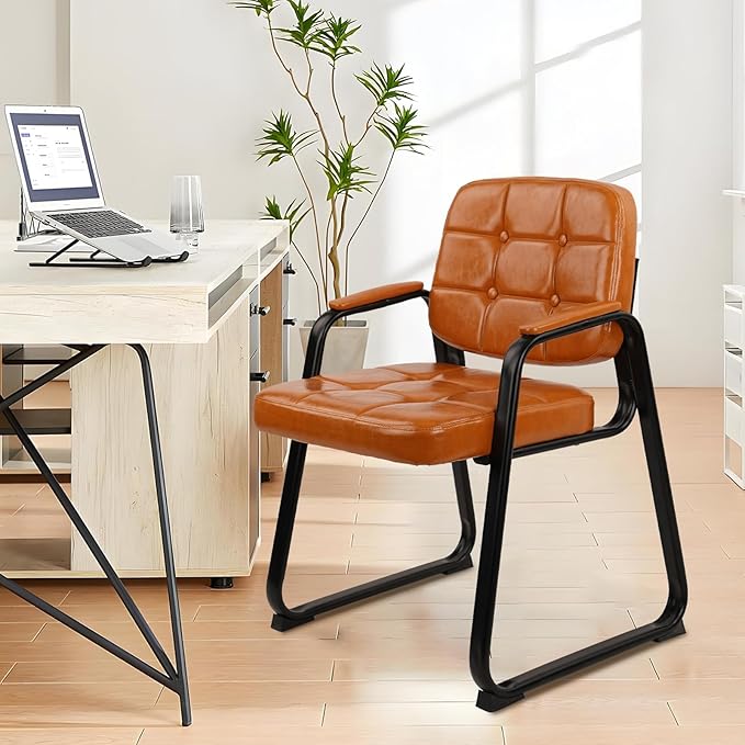 CLATINA Office Guest Chair, Leather Reception Chairs with Padded Arms, Desk Chair No Wheels Stationary for Conference Lobby Waiting Room Training Side Elderly, Set of 6-Orange
