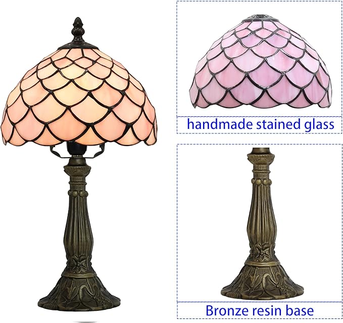 Tiffany Small Table Lamp for Bedroom Bedside Nightstand Table Lamps for Living Room 3 Way Color Temperatures Stained Glass Table Lamp 8X8X15 Inch Home Office Reading Desk Lamp (pink fish scales)