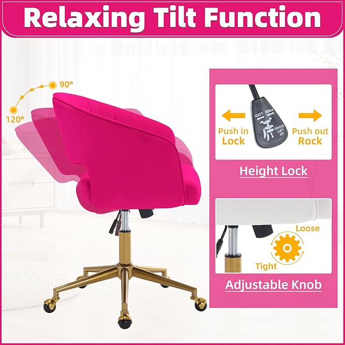 ABET Desk Chair with Wheels, Velvet Home Office Chair, Swivel Armchair Gold Base, Upholstered Modern Accent Chairs, Back Incline Adjustable for Living Room Bedroom Vanity, Hot Pink